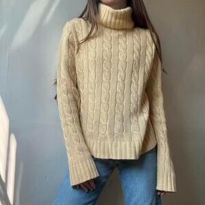 J Crew Butter Yellow Cable Knit Turtleneck Sweater Medium Wool Preppy